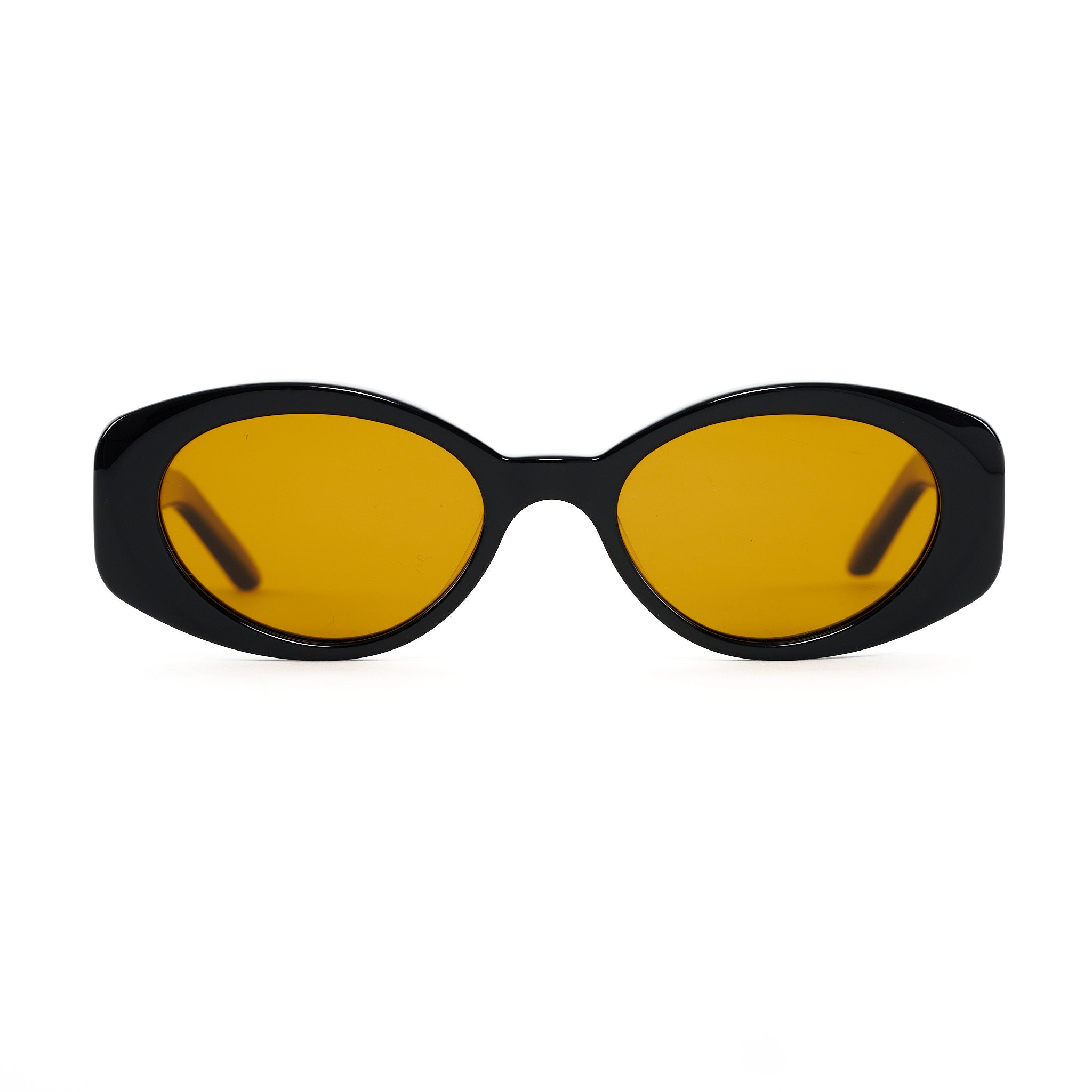 Thick framed oval sunglasses with an orange lens. Acetate Frames and Polarized lenses.