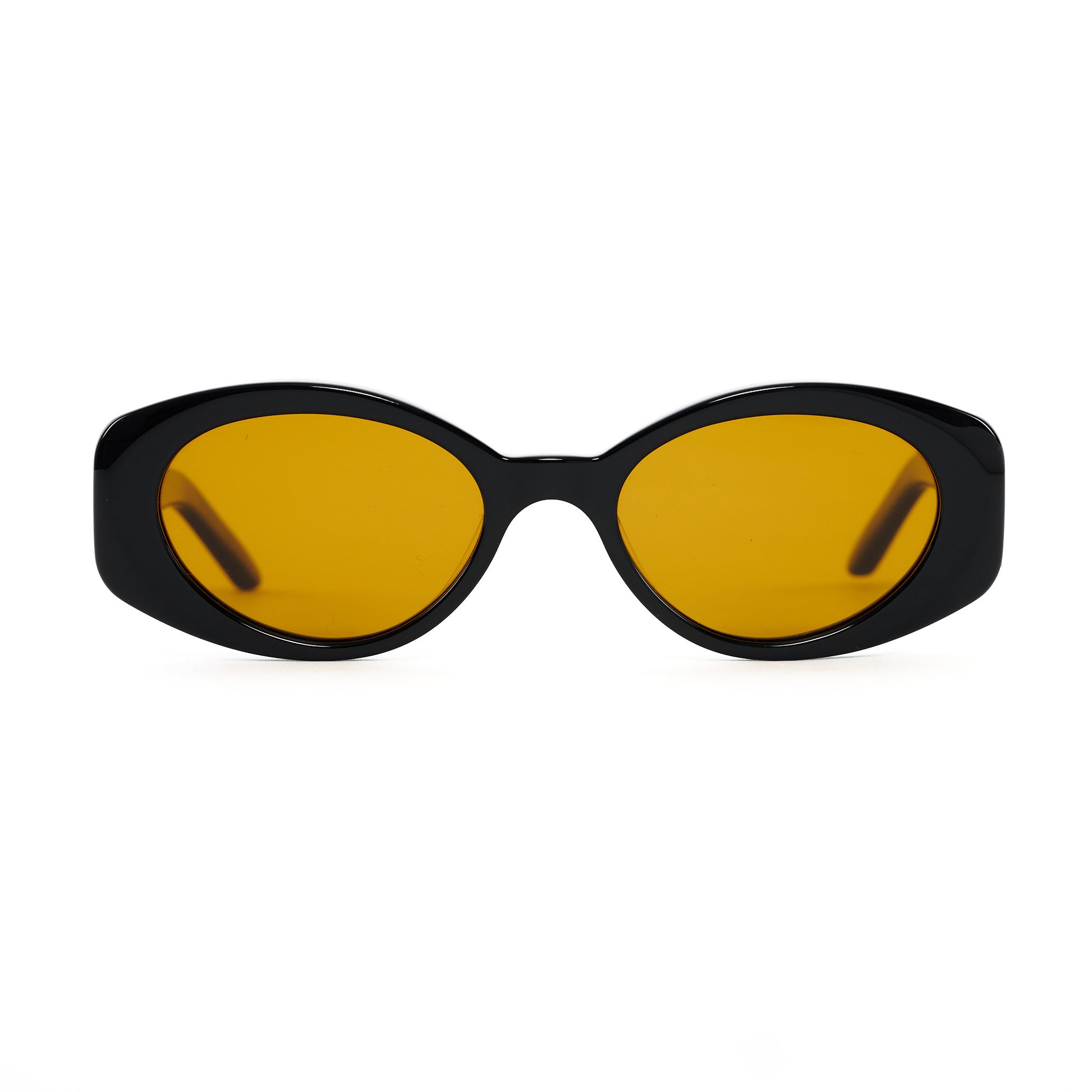 Thick framed oval sunglasses with an orange lens. Acetate Frames and Polarized lenses.